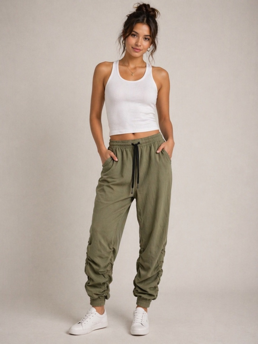 Brooklyn Cloth VTG Y2K Ruched Jogger Pants Grunge Olive Green Drawstring Large